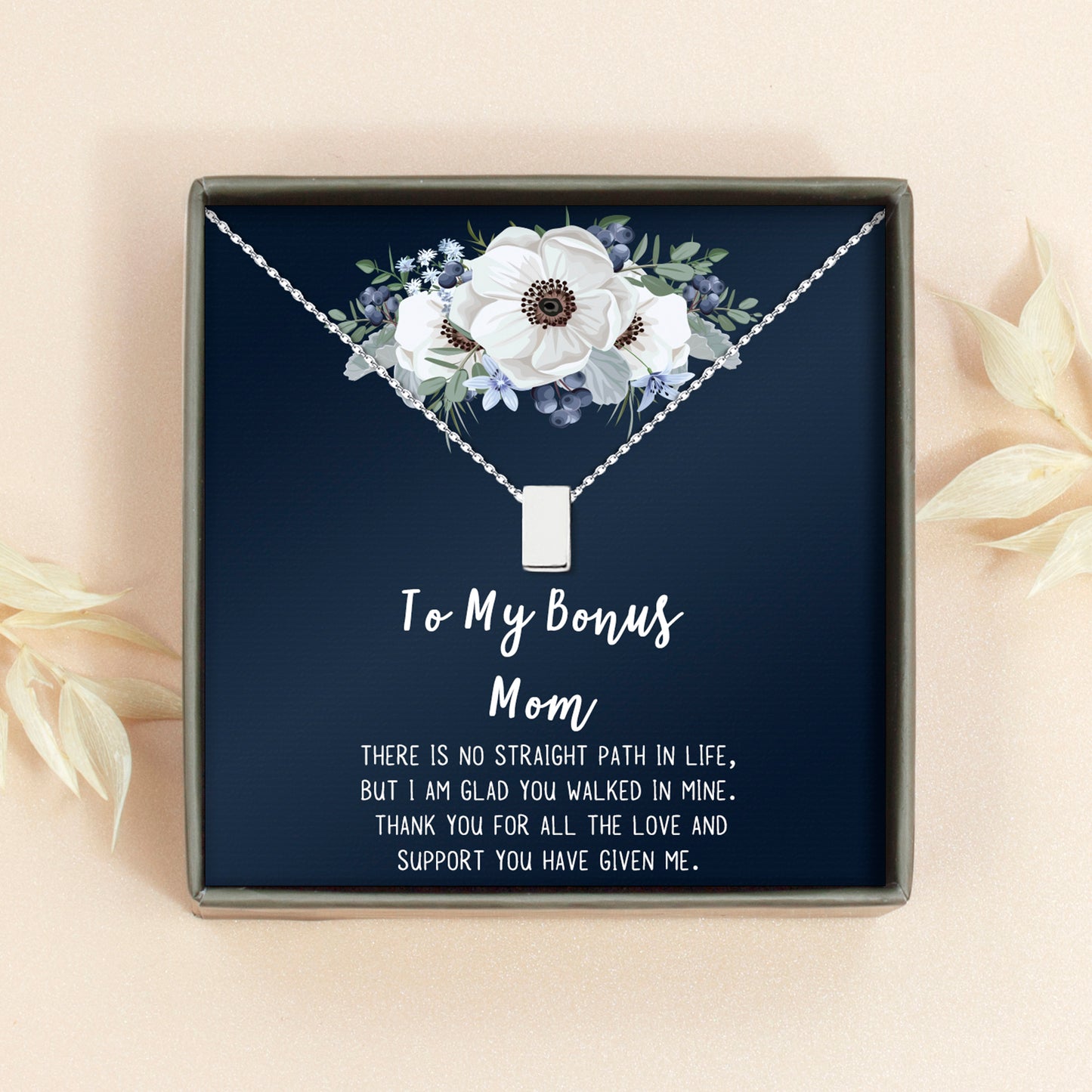 "To my Bonus Mom" Card and Cube Necklace