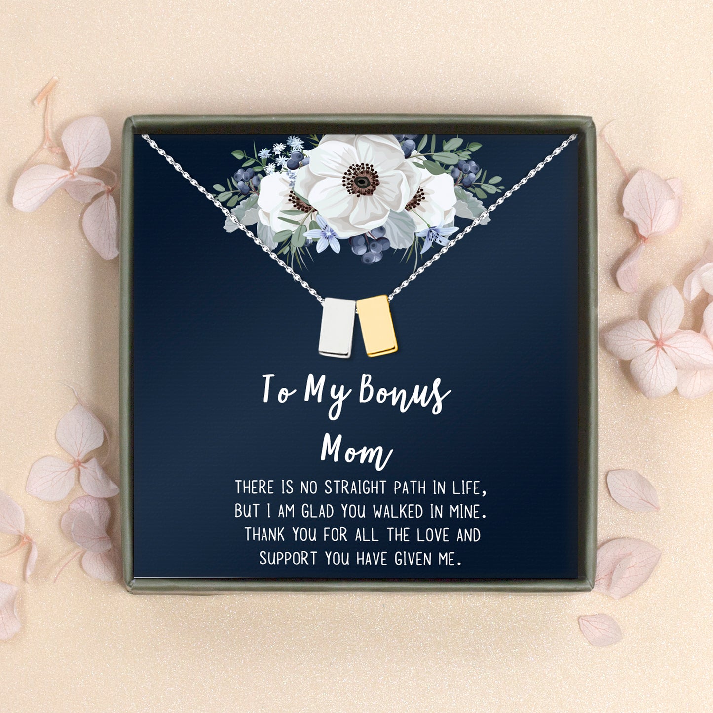 "To my Bonus Mom" Card and Cube Necklace