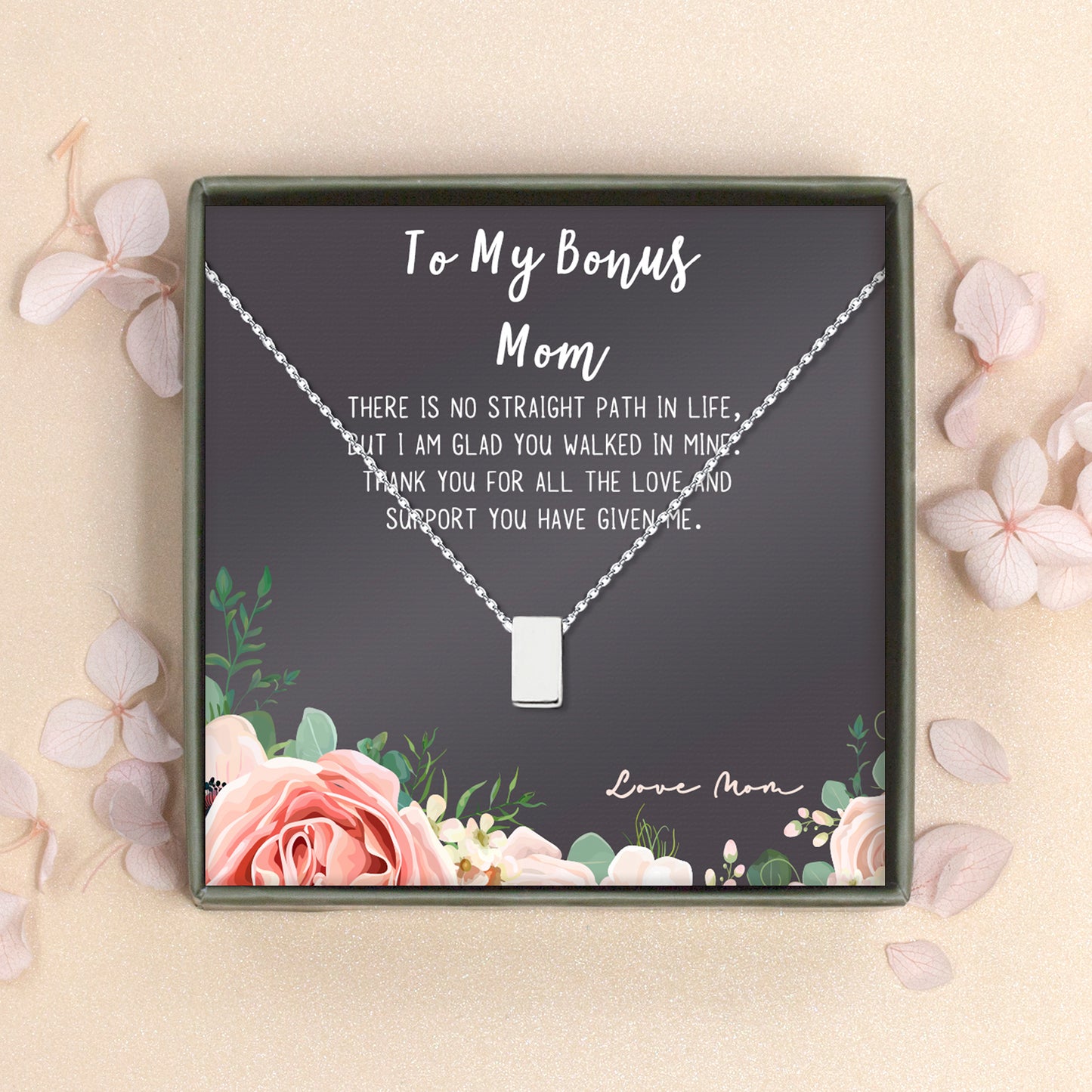 "To My Bonus Mom" Card and Cube Necklace