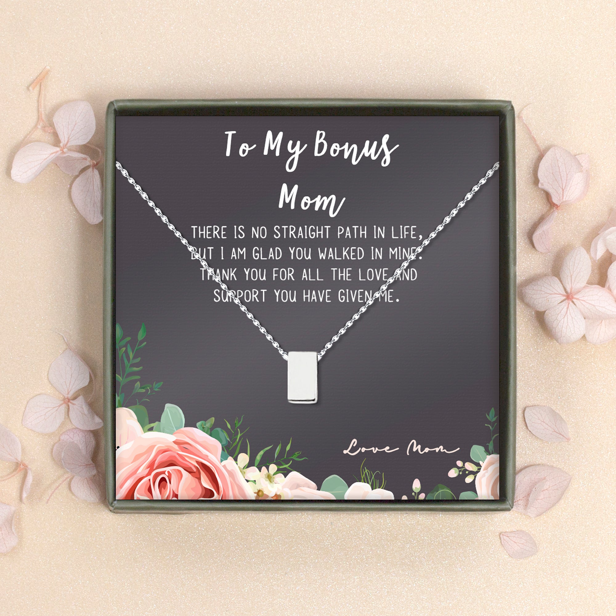 "To My Bonus Mom" Card and Cube Necklace