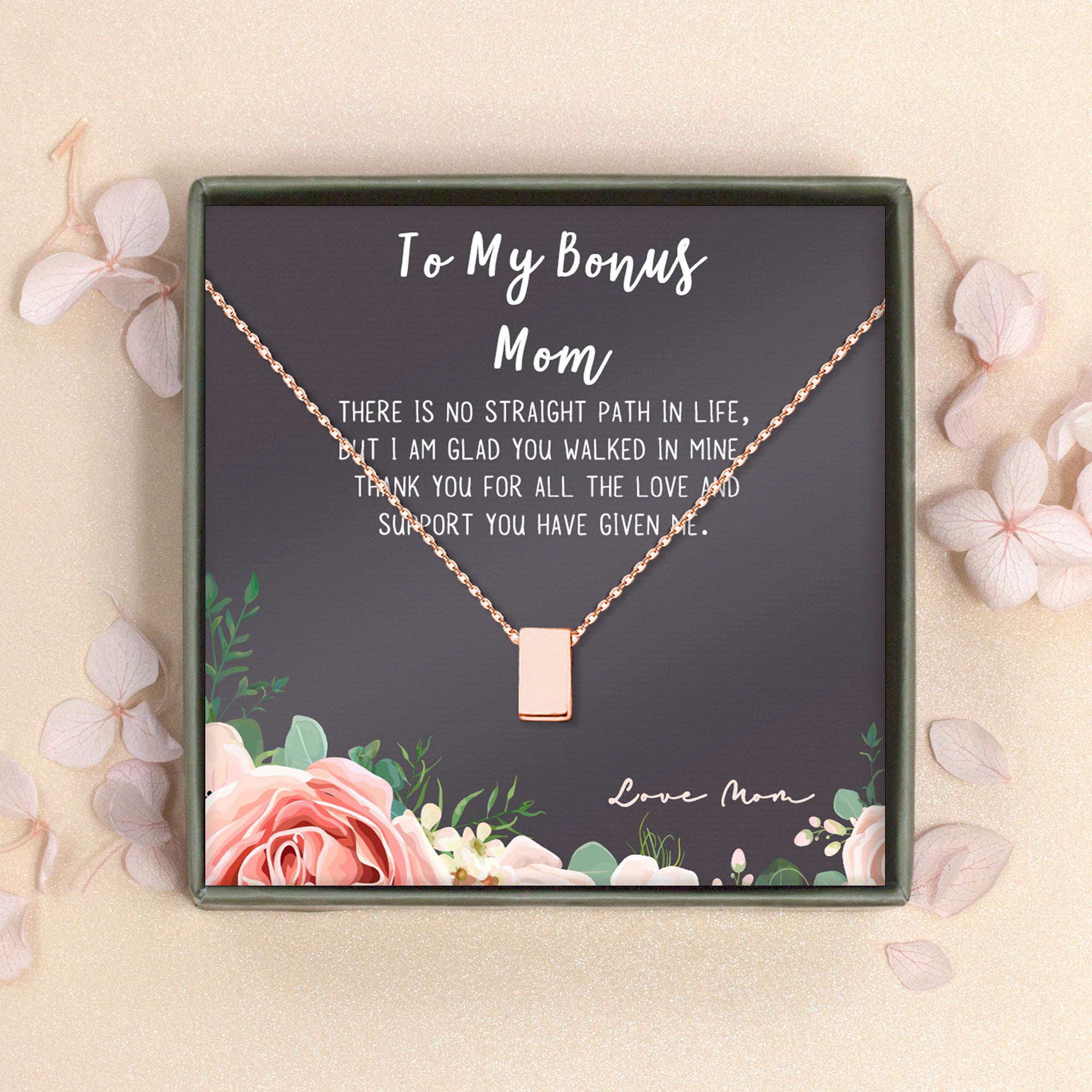 "To My Bonus Mom" Card and Cube Necklace