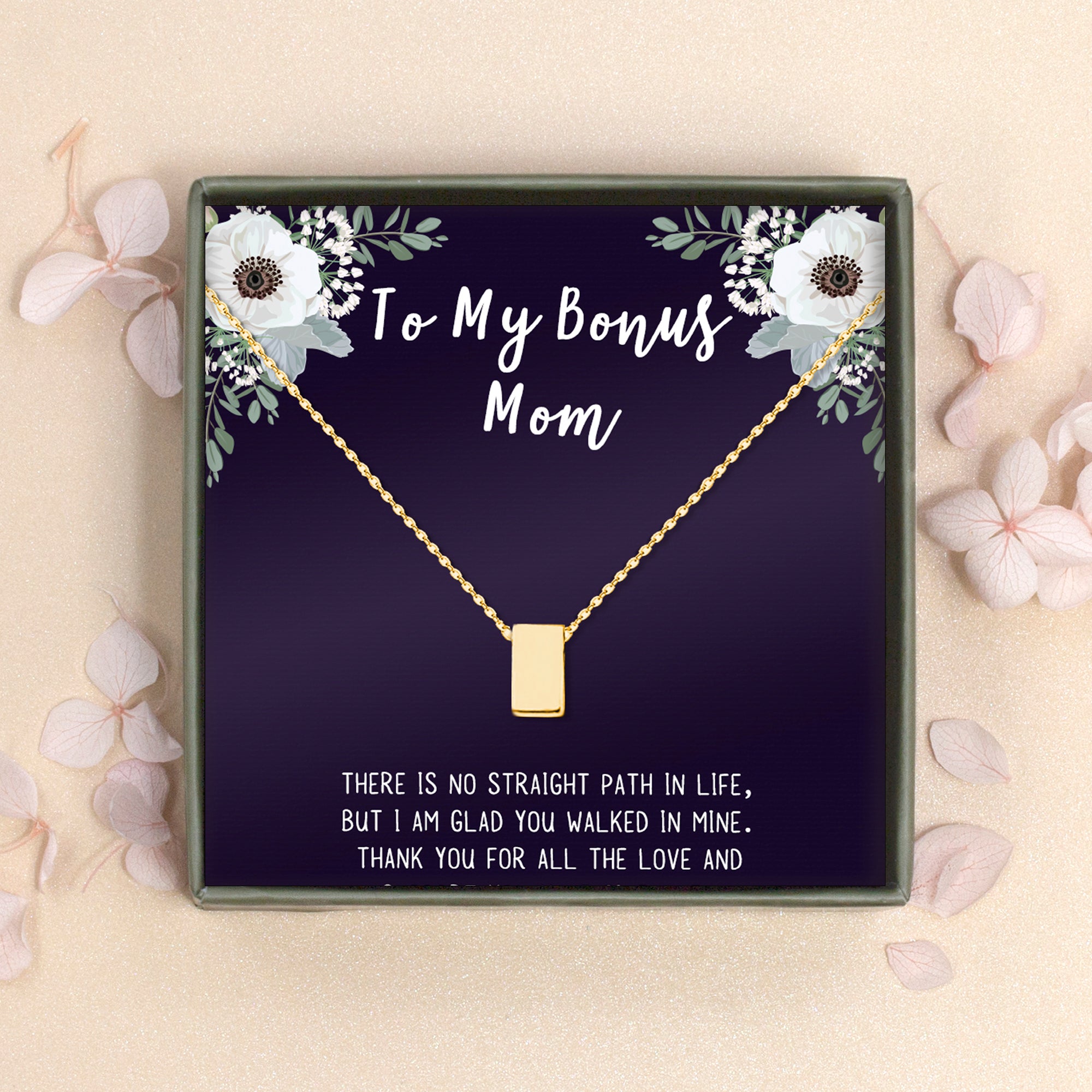 "To my Bonus Mom" Card and Cube Necklace