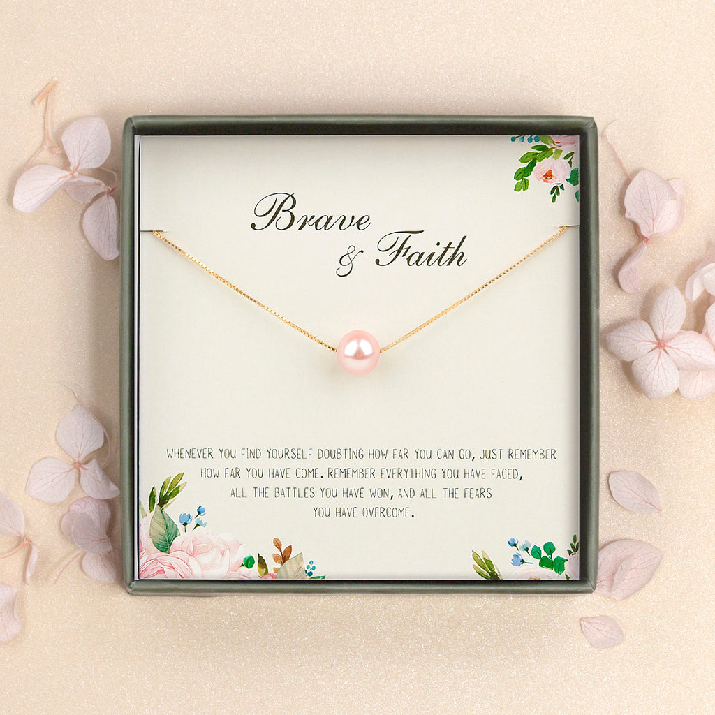 "Brave and Faith" Pearl Motivational Necklace