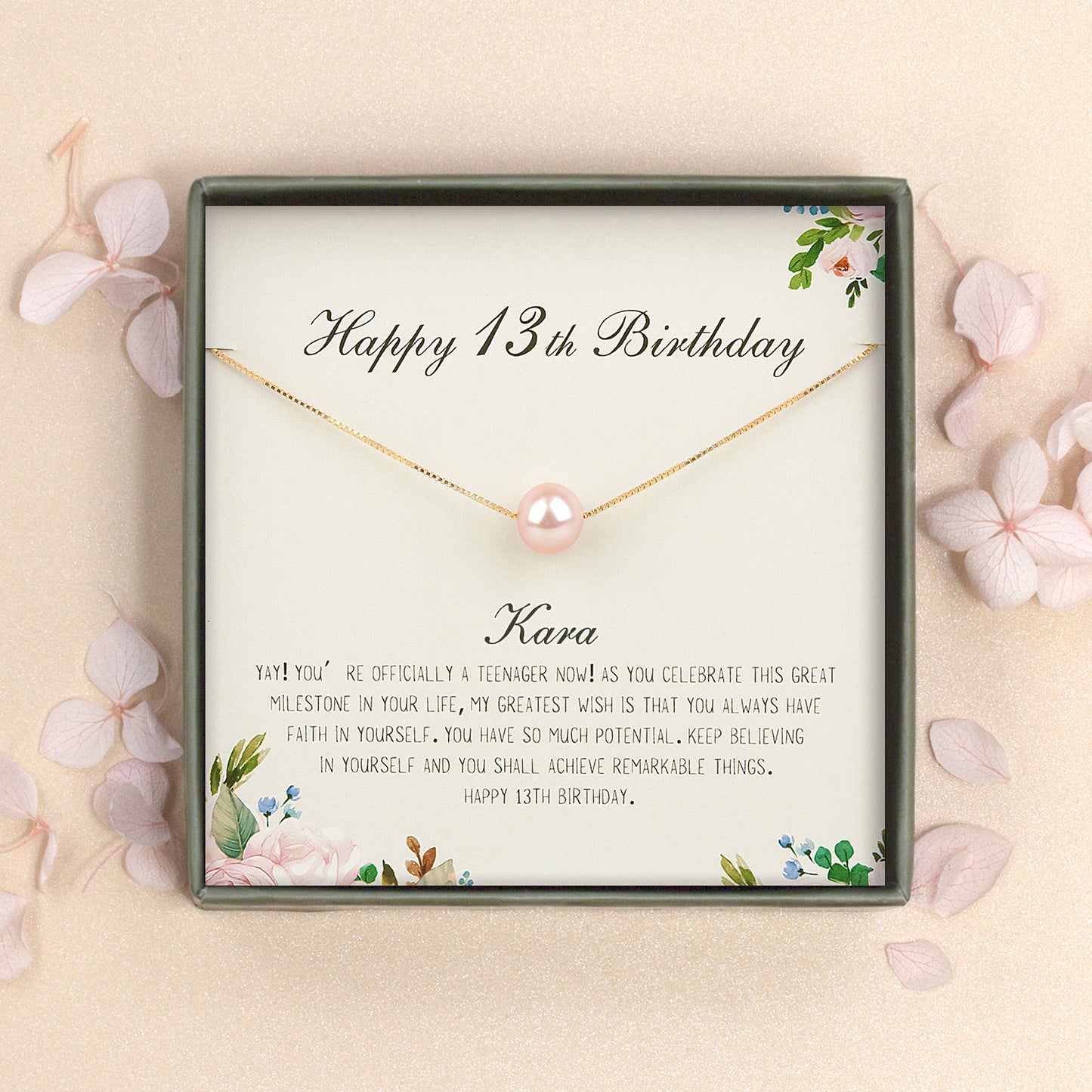 "Happy 13th Birthday" Card and Pearl Necklace