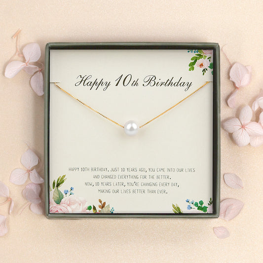 "Happy 10th Birthday" Card and Pearl Necklace