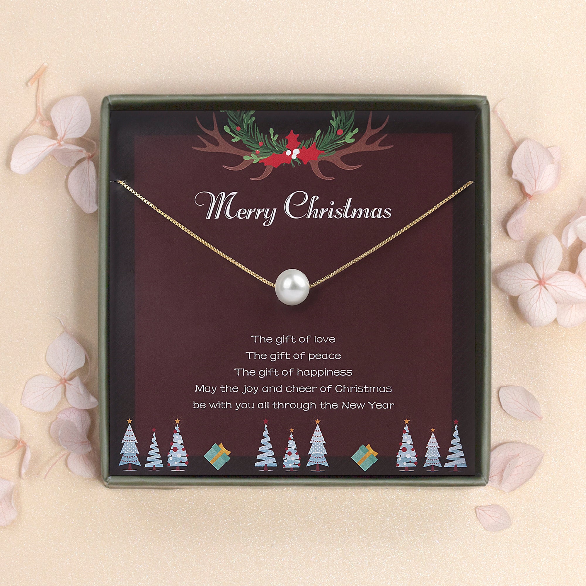 "Merry Christmas" Card and Pearl Necklace