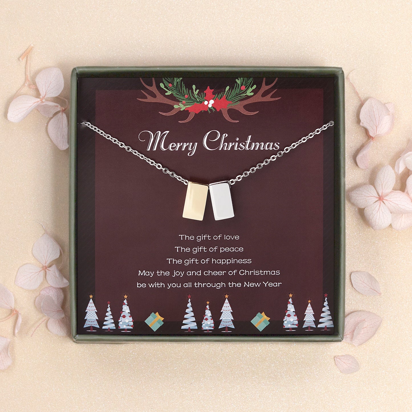 "Merry Christmas" Card and Cube Necklace