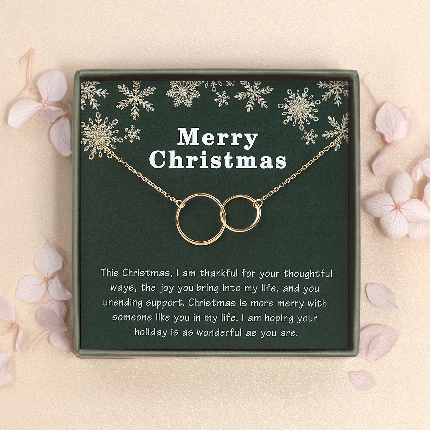 Merry Christmas Card and Infinity Rings Necklace Jewelry Gift Set