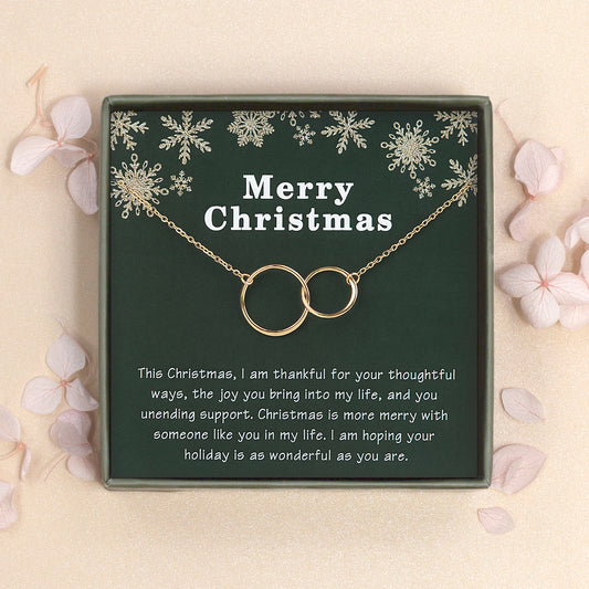 Merry Christmas Card and Infinity Rings Necklace Jewelry Gift Set