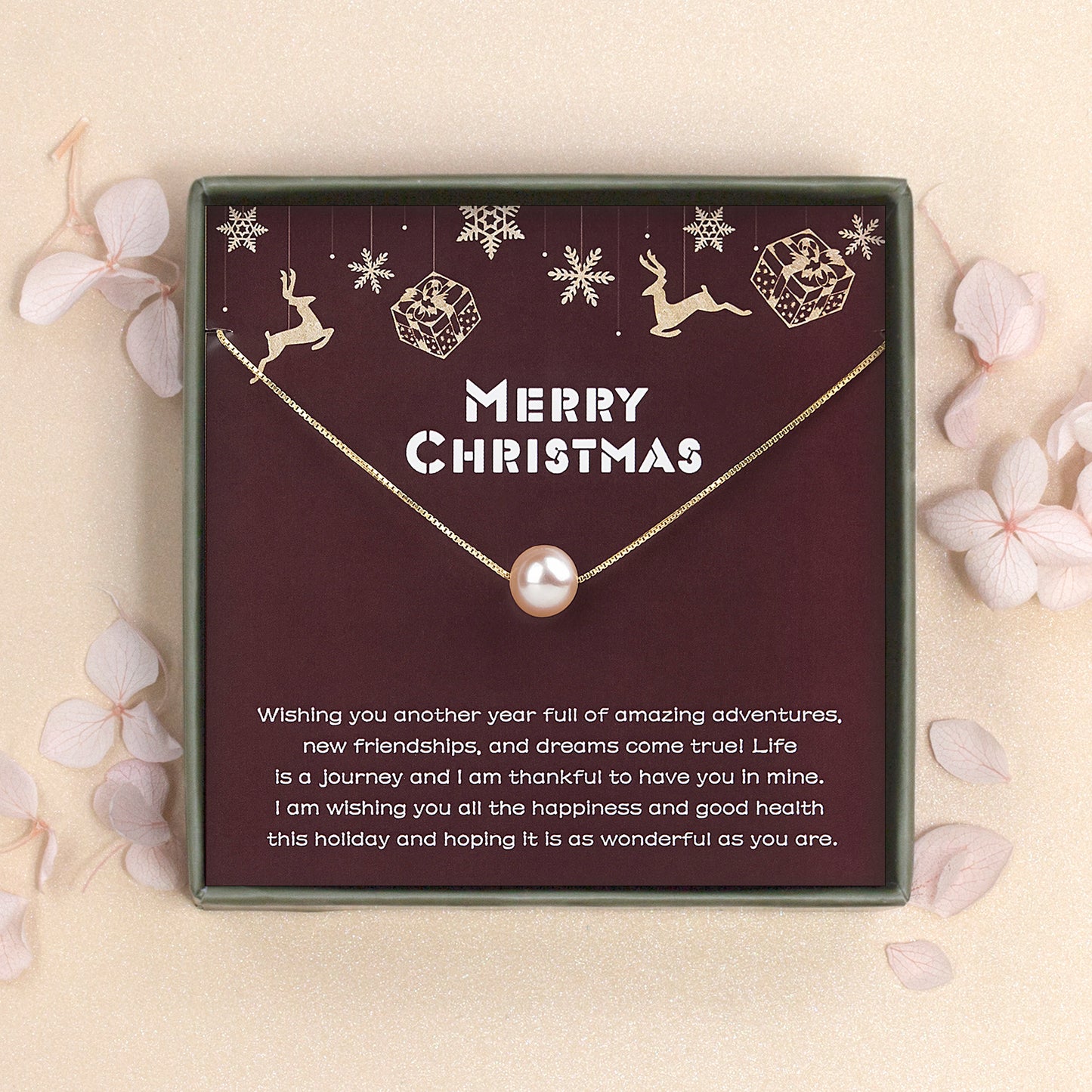 "Merry Christmas" Card and Pearl Necklace