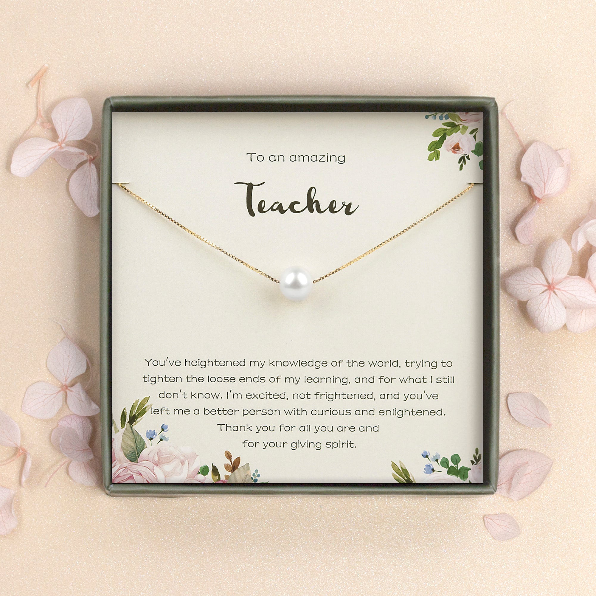 to An Amazing Teacher Card with Freshwater Pearl Necklace Gift Pink Pearl + Gold Chain / Add A Name(+4$)