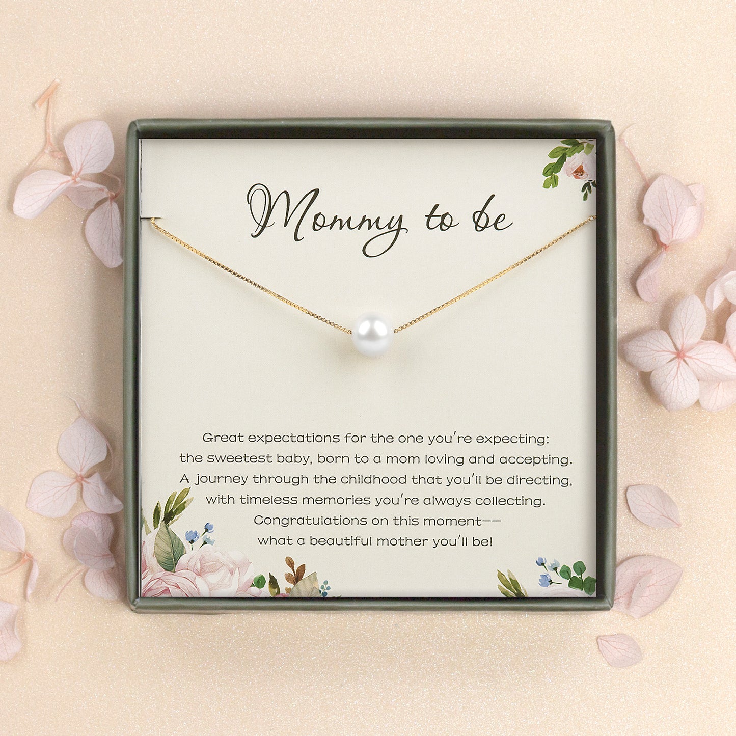 "Mommy to be" Card and Pearl Necklace