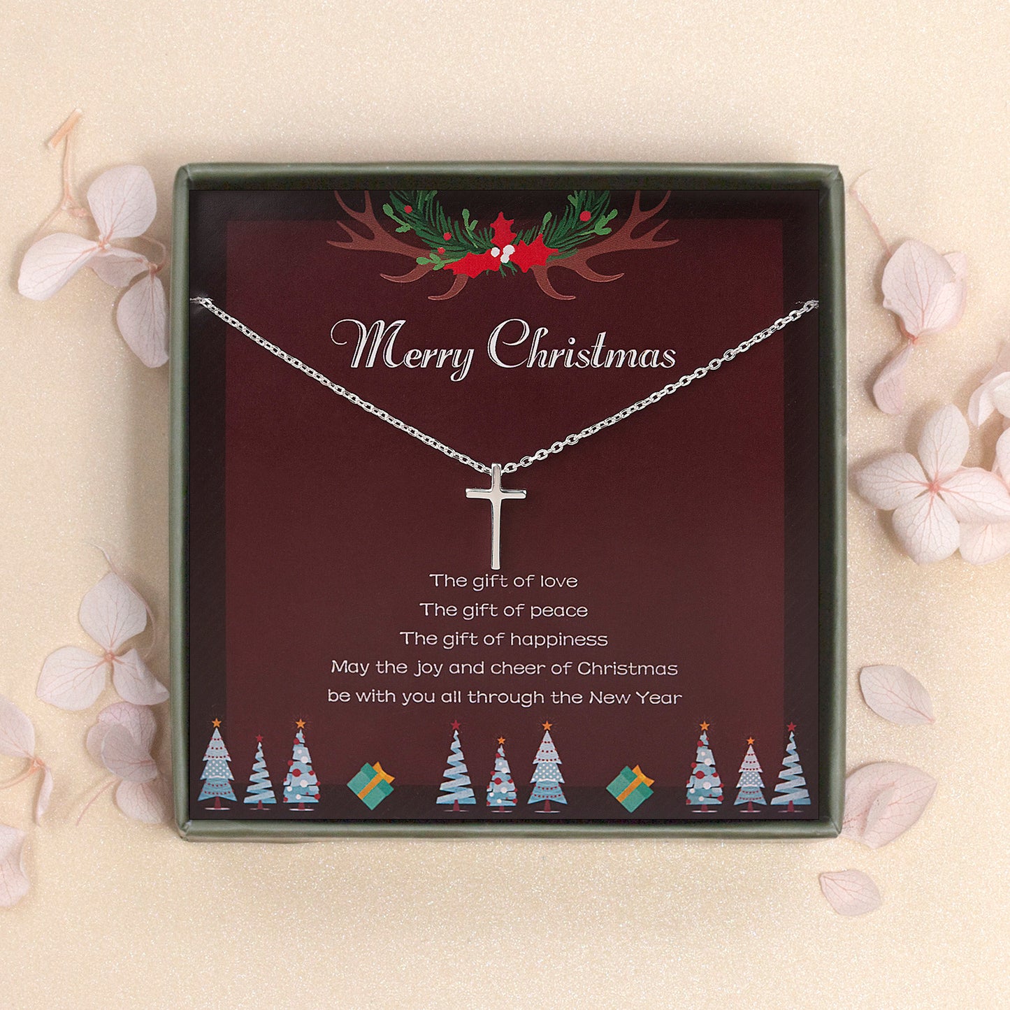 Sterling Silver Cross Christmas Necklace for Daughter, Gift Christmas Card Necklace for Niece