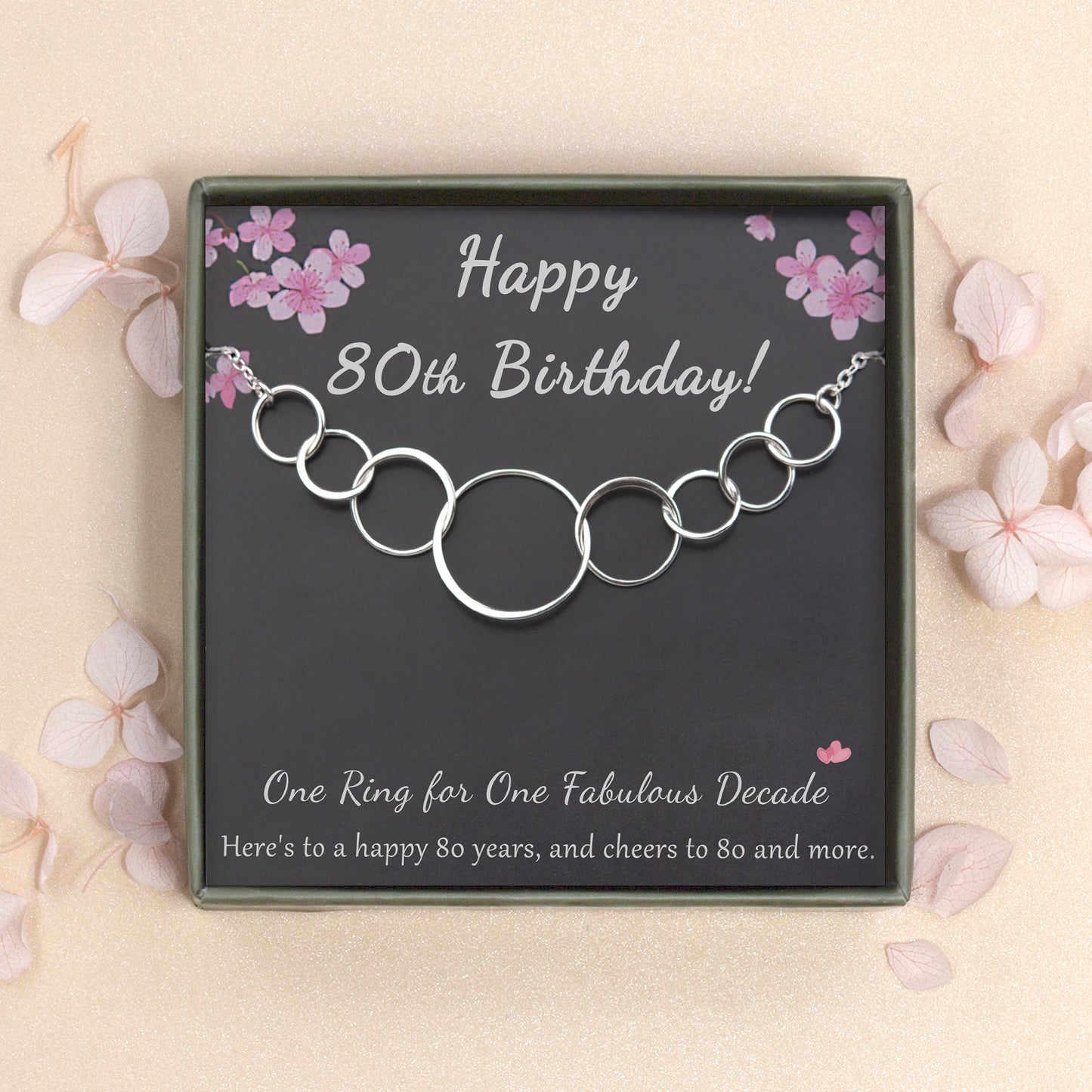 "Happy 80th Birthday" Card and Interlocking Rings Necklace