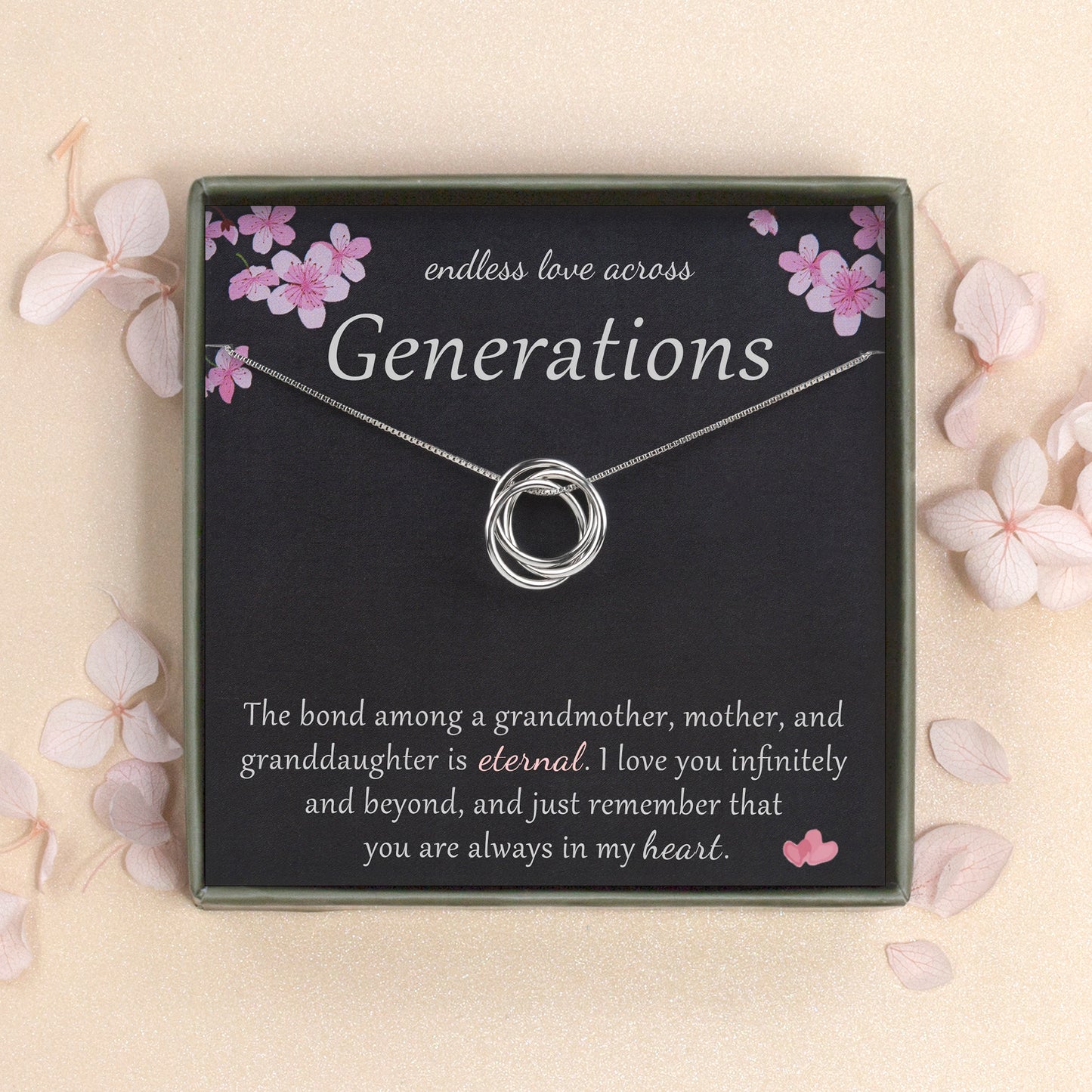 Personalized Three Generations Necklace Gift for Grandmother, Mother, Granddaughter, Endless Love Across Generations 925 Sterling Silver Necklace