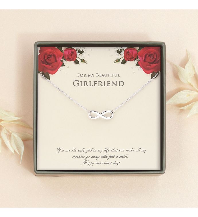 "For my Beautiful Girlfriend" Valentine's Day Card and Infinity Necklace