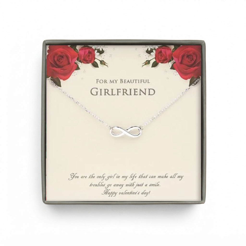 "For my Beautiful Girlfriend" Valentine's Day Card and Infinity Necklace