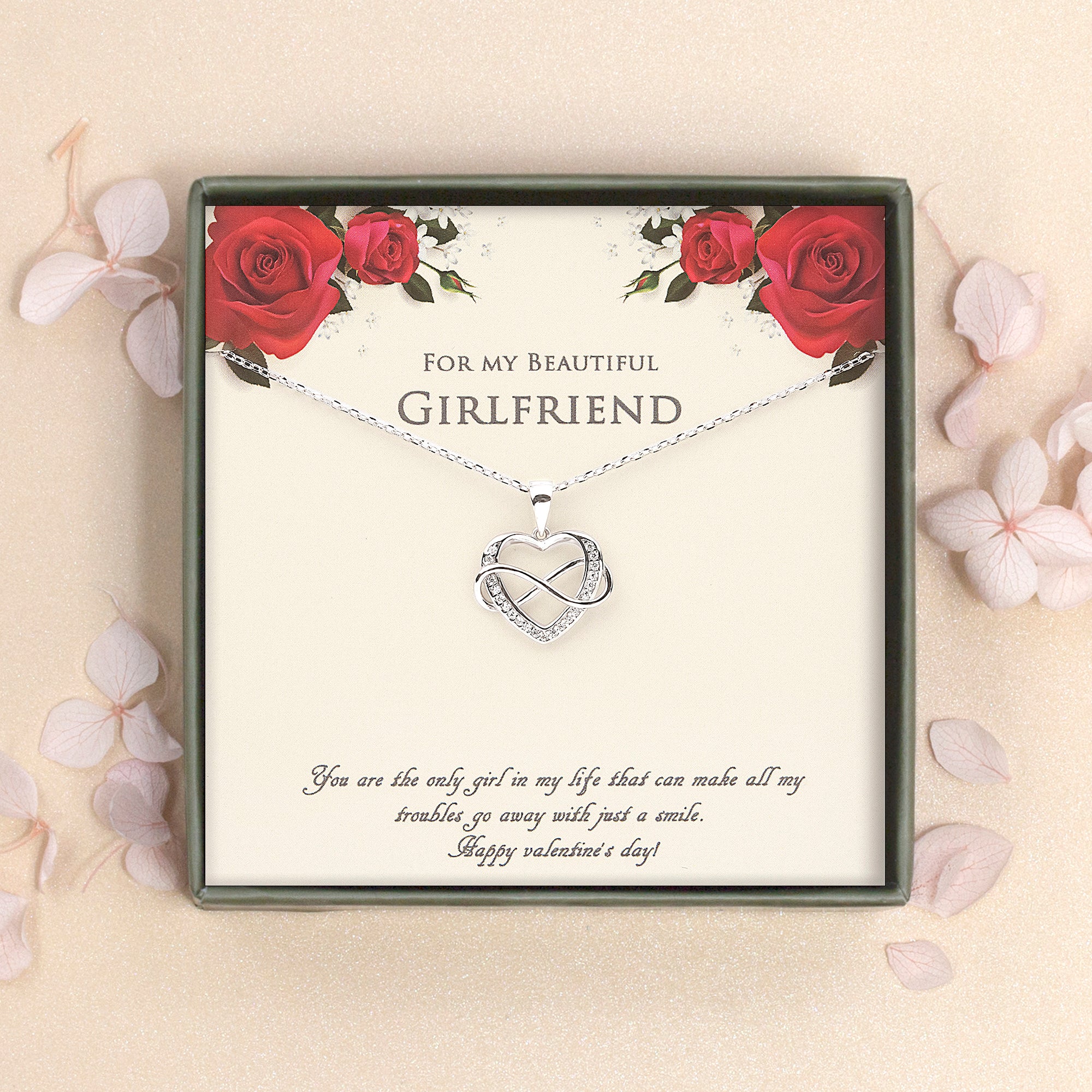 "For My Beautiful Girlfriend" Valentine's Day Card and Infinity Heart Necklace