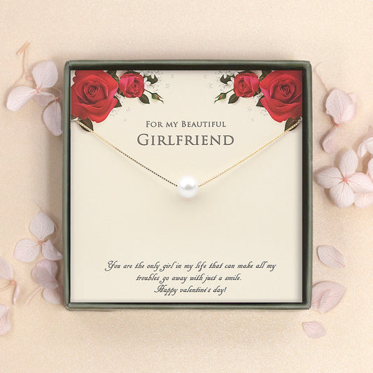 "For My Beautiful Girlfriend" Valentine's Card and Pearl Necklace