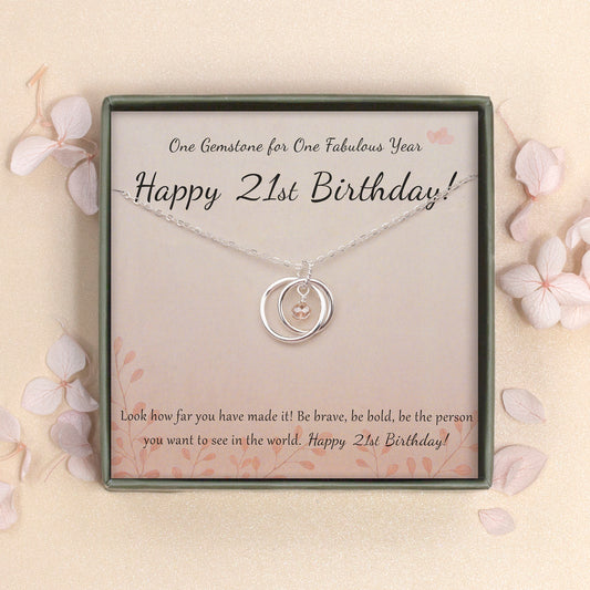 "Happy 21th Birthday" Card and Sterling Silver Bead Necklace