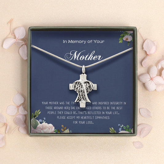 "In Memory of Your Mother Card and Angel Cross Memorial Necklace