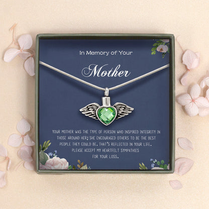 "In Memory of Your Mother" Angel Wing Crystal Heart Ashes Holder Memorial Necklace