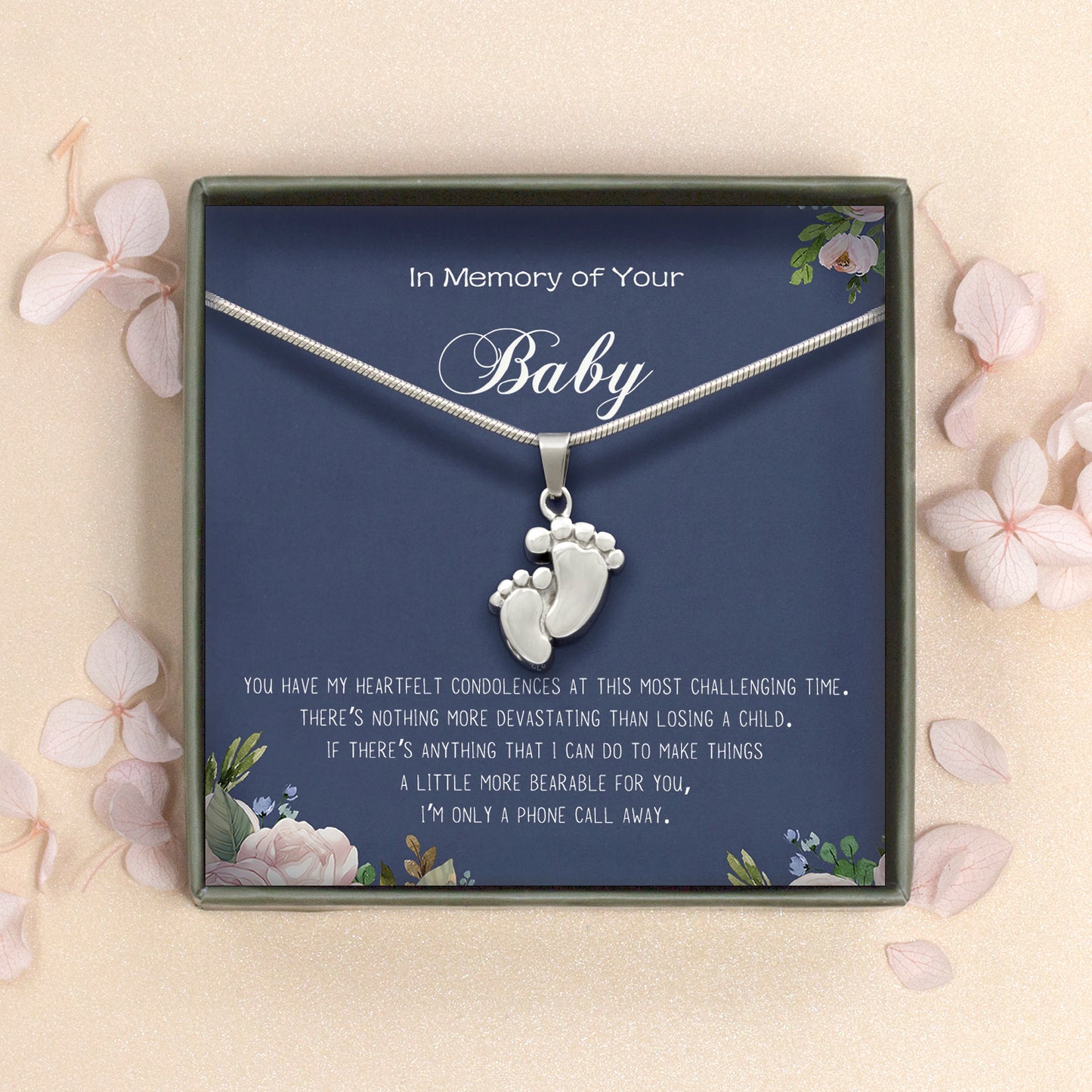 "In Memory of Your Baby" Baby Foot Memorial Necklace