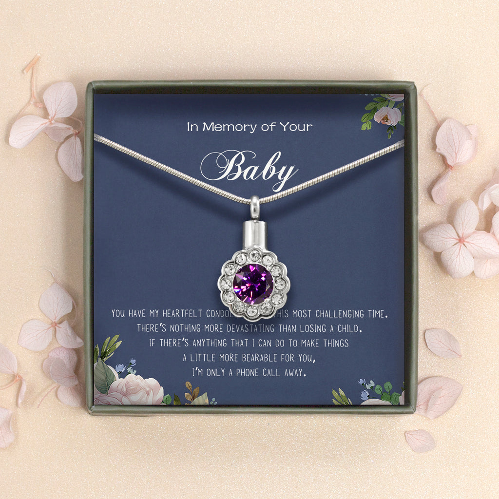 "In Loving Memory of Your Baby" Crystal Flower Memorial Necklace