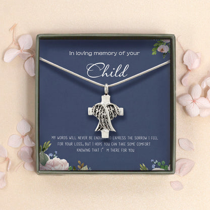 "In Loving Memory of your Child" Card and Angel Cross Memorial Necklace