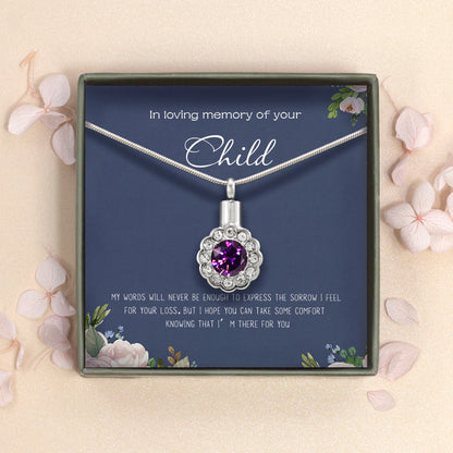 "In Loving Memory of Your Child" Card and  Purple Crystal Flower Memorial Necklace