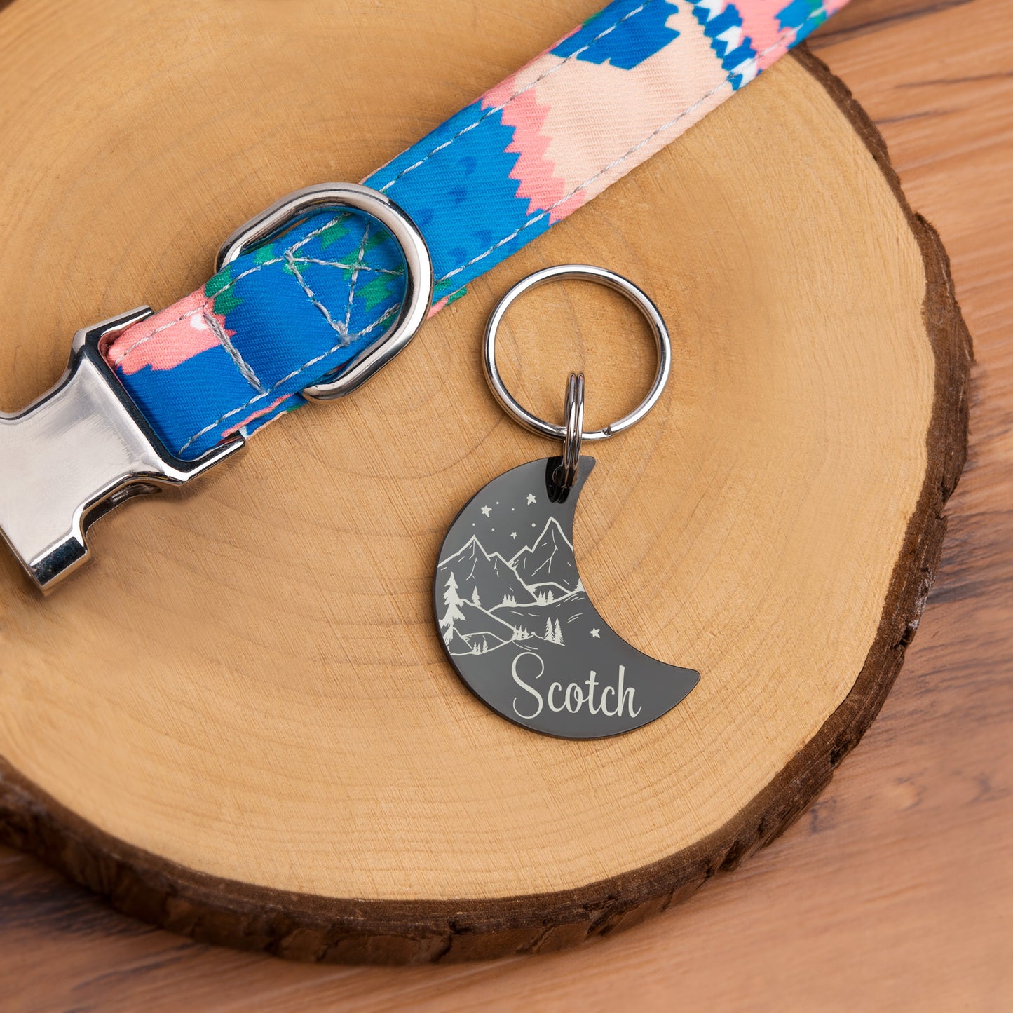 Personalized Moon Shaped Mountain View Starry Sky Dog ID Pet Tag