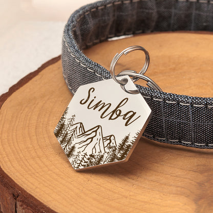 Personalized Mountain Peak Hexagon Shaped Pet ID Dog Tag for Cat or Dog