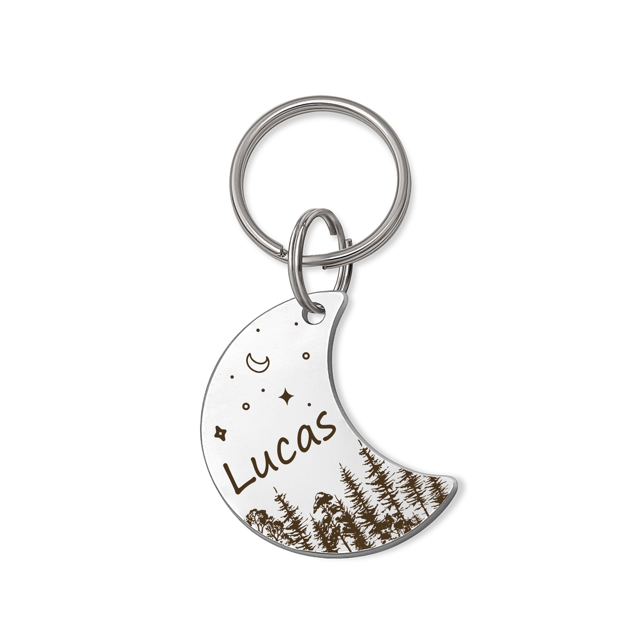 Personalized Woods and Stars Moon Shaped Dog ID Pet Tag