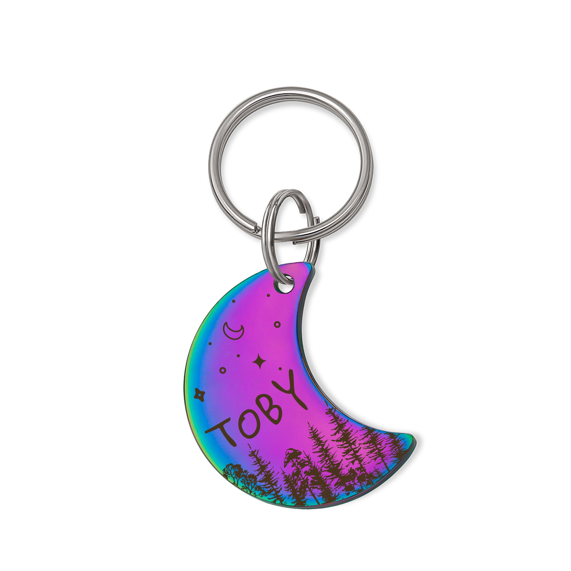 Personalized Woods and Stars Moon Shaped Dog ID Pet Tag