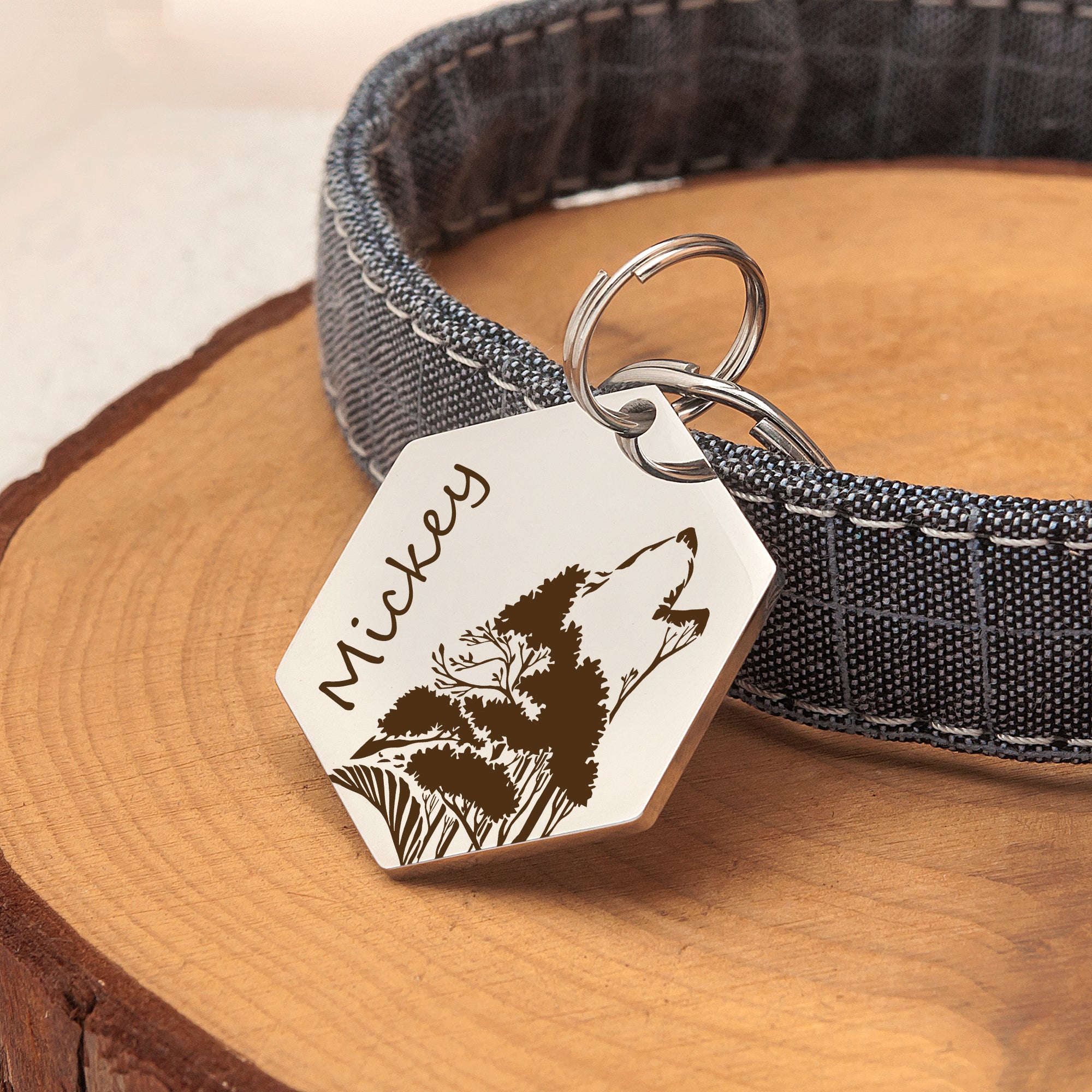 Hexagon Wolf Woods Shaped Pet ID Dog Tag