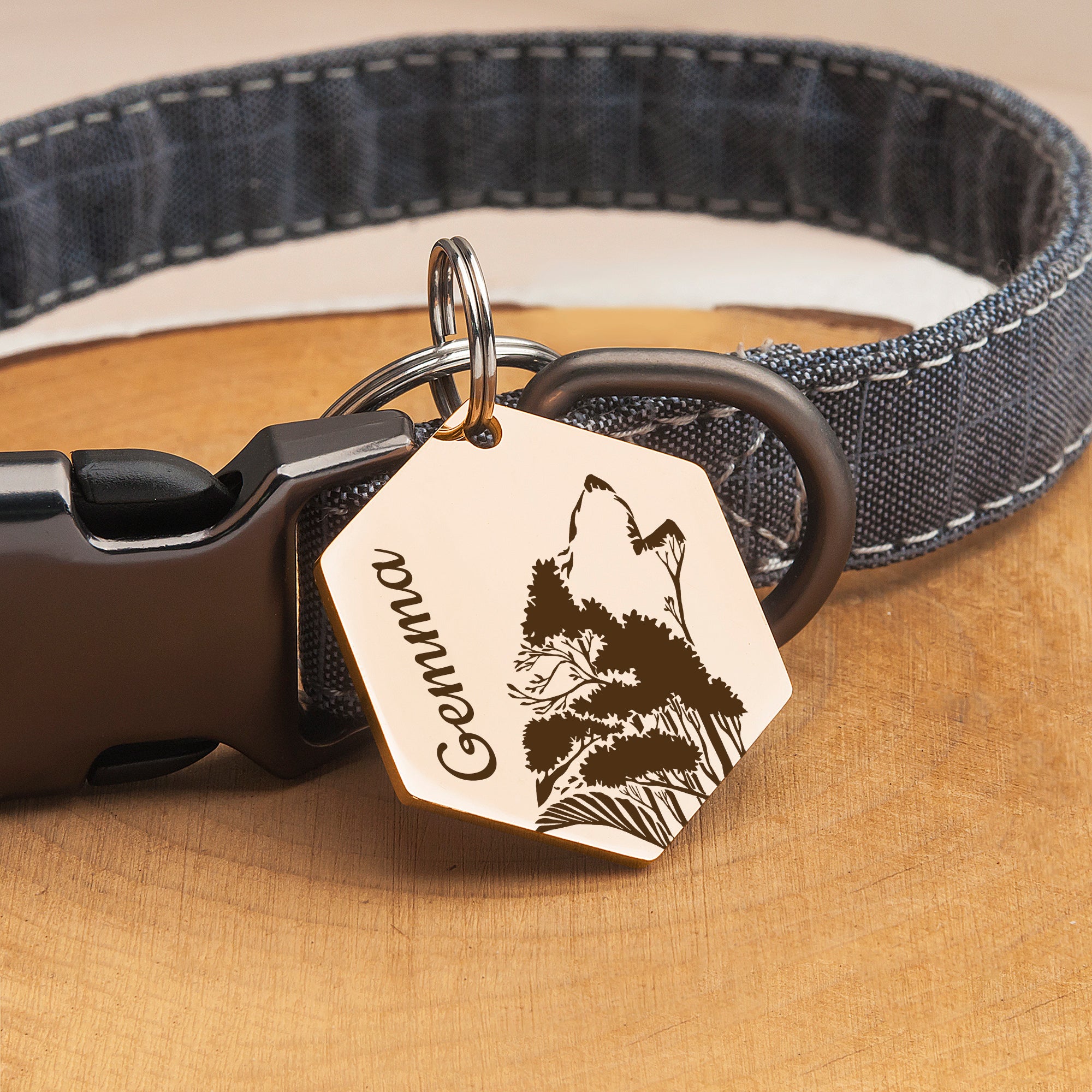 Hexagon Wolf Woods Shaped Pet ID Dog Tag