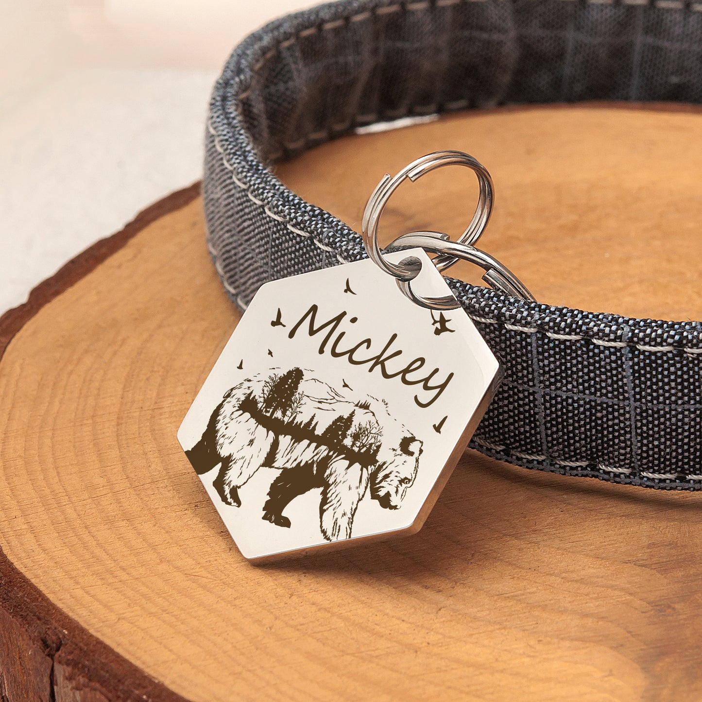 Personalized Bear Woods Hexagon Shaped Pet ID Dog Tag for Cat or Dog