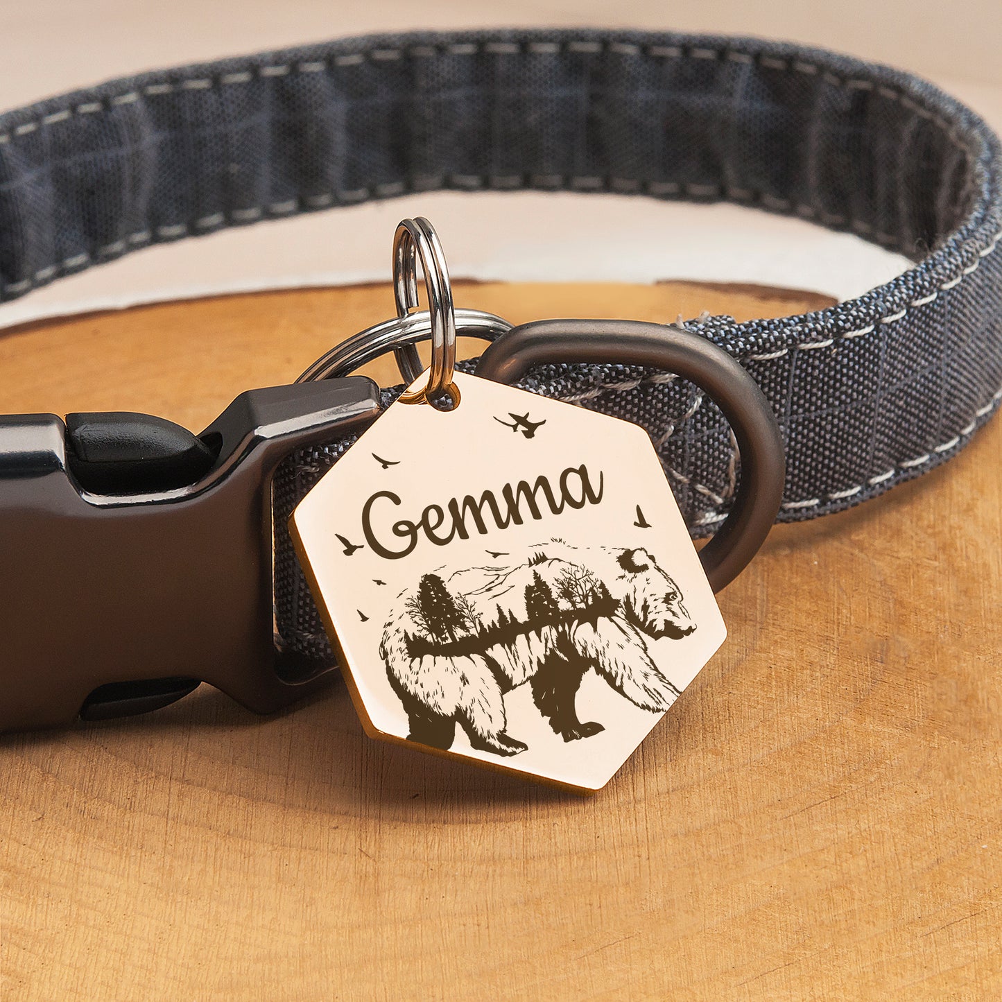 Personalized Bear Woods Hexagon Shaped Pet ID Dog Tag for Cat or Dog