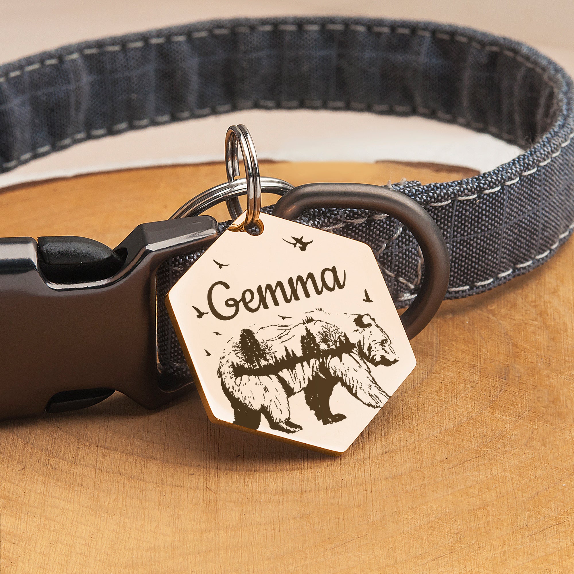Bear Woods Hexagon Shaped Pet ID Dog Tag
