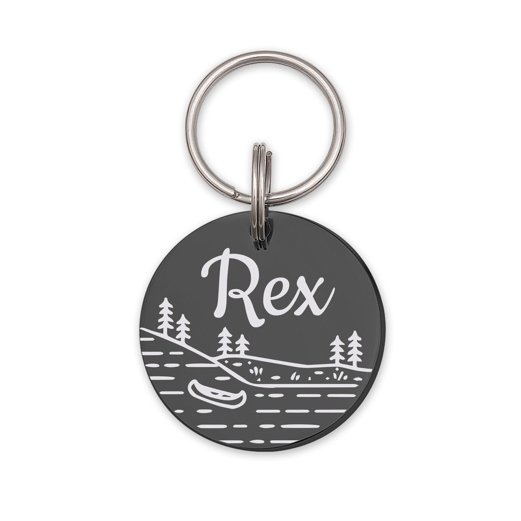Boat in Lake Round Pet ID Dog Tag