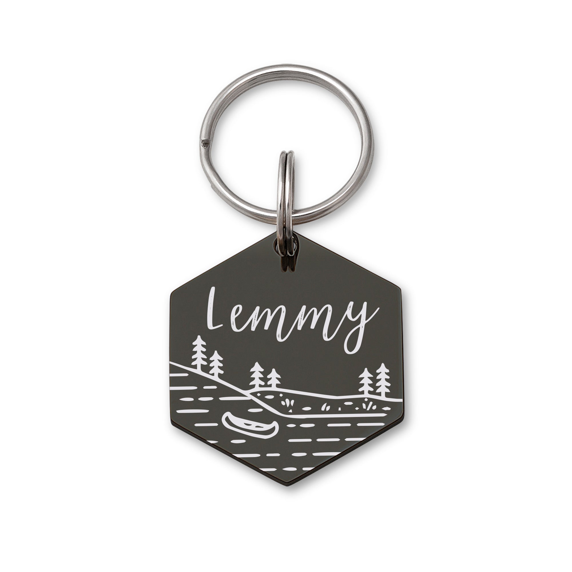 Boat in Lake Hexagon Pet ID Dog Tag
