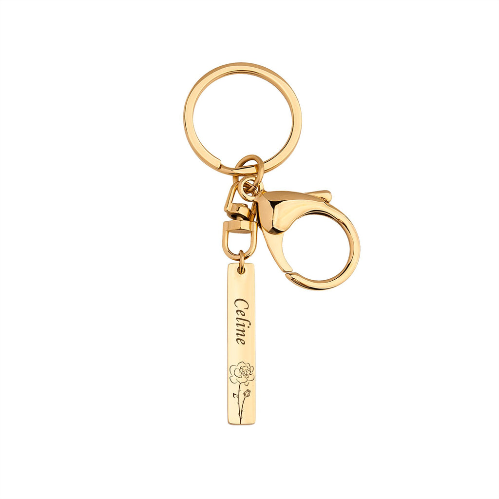 Custom Birth Flower and Name Long Bar Key Chain