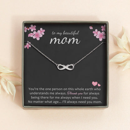 To My Beautiful Mom Sterling Silver Infinity Necklace Jewelry and Card Set