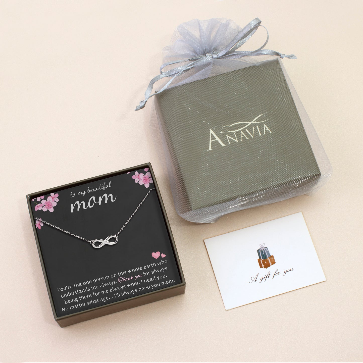 To My Beautiful Mom Sterling Silver Infinity Necklace Jewelry and Card Set