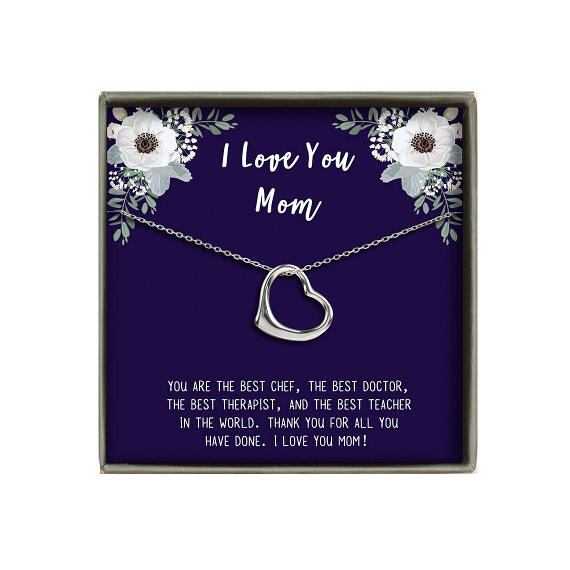 "I Love You Mom" Card and Dangling Heart Necklace