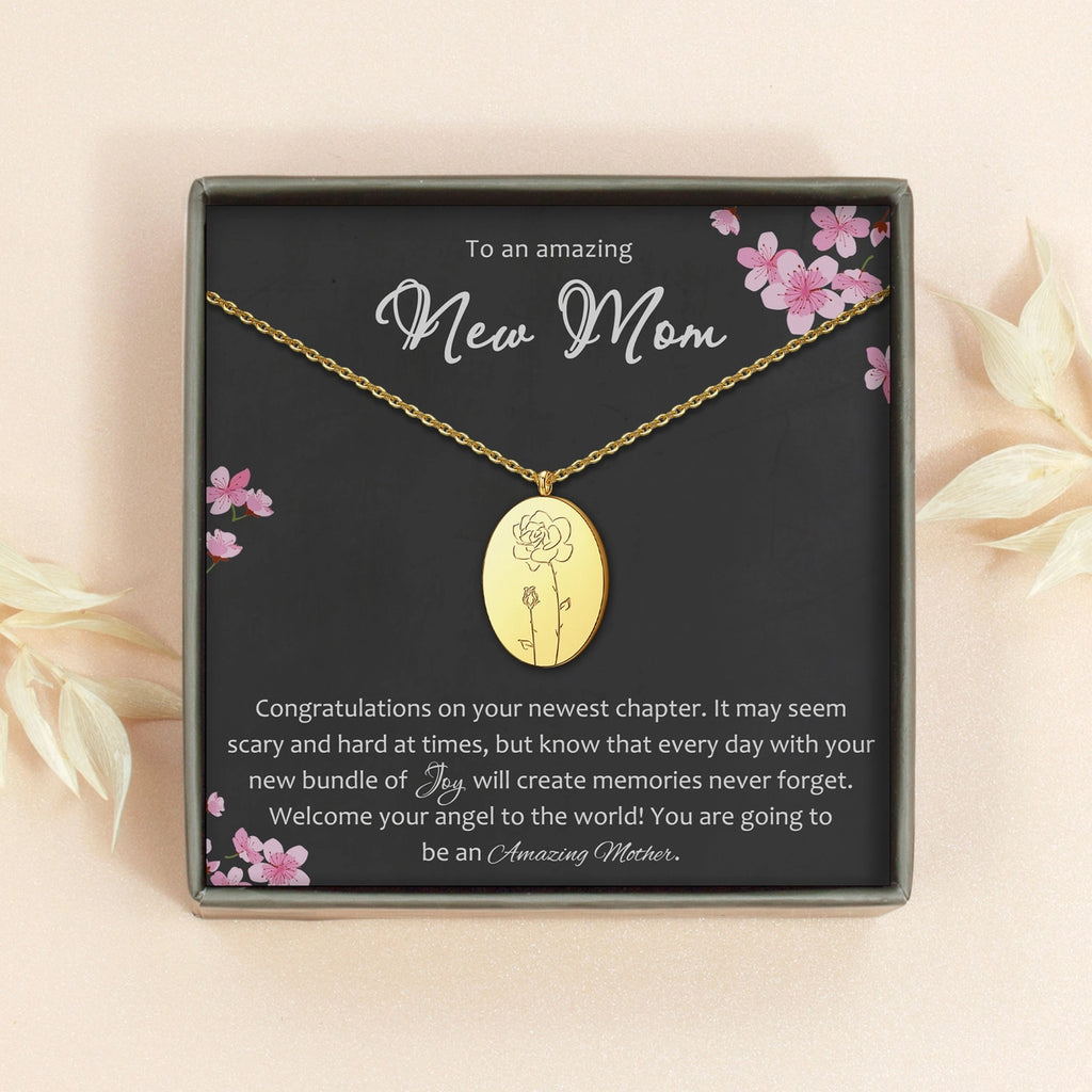 "To an Amazing New Mom" Oval Birth Flower Necklace