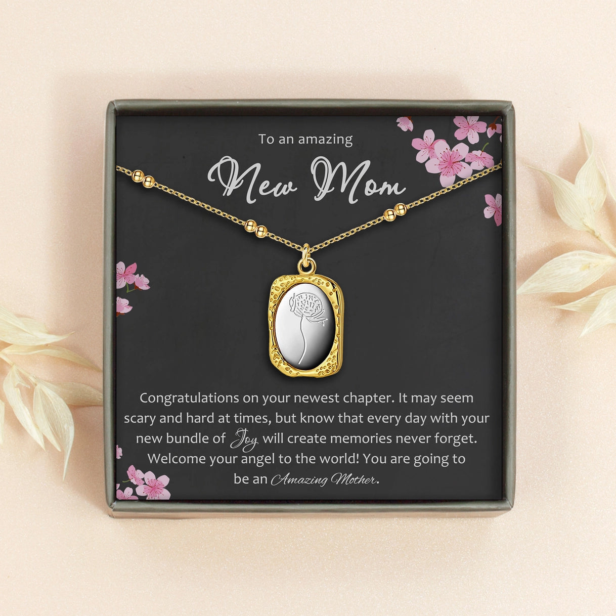 "To an Amazing New Mom" Vintage Mirror Birth Flower Necklace