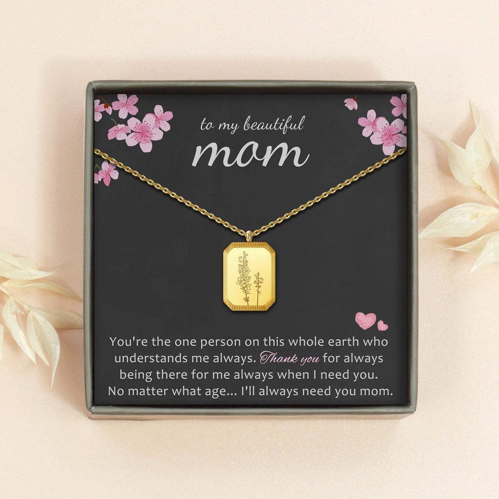 "To My Beautiful Mom" Rectangle Birth Flower Necklace