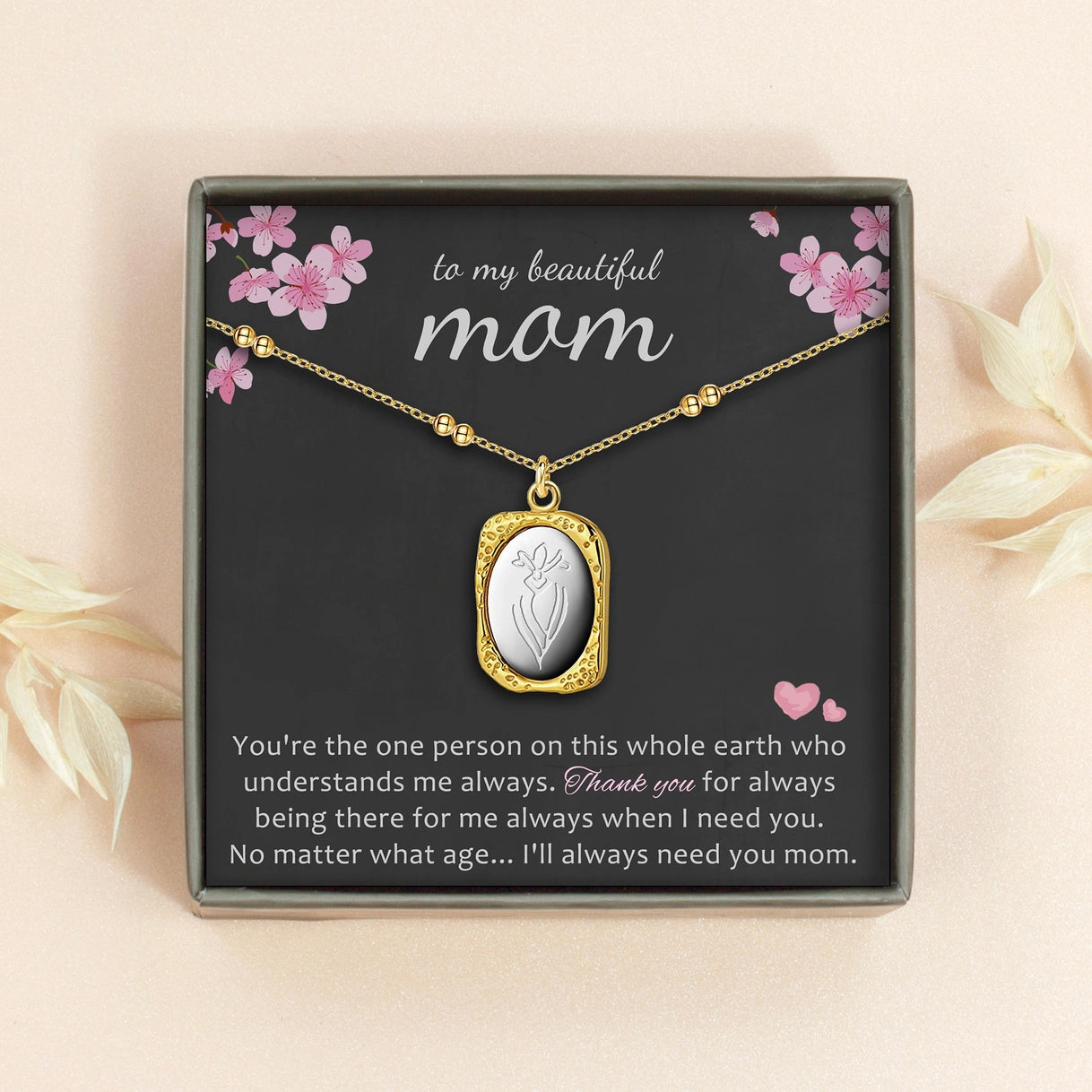 "To my Beautiful Mother" Vintage Mirror Birth Flower Necklace