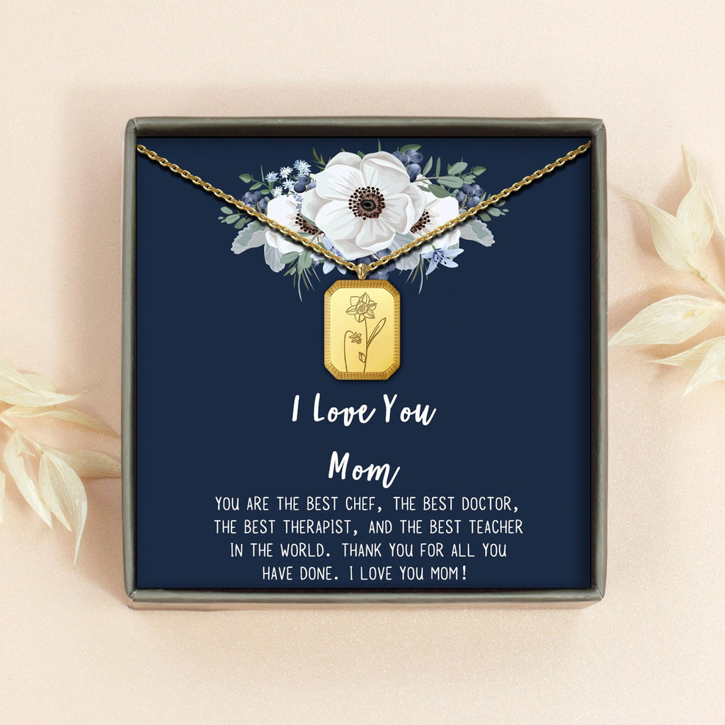 "I Love You Mom" Rectangle Birth Flower Necklace